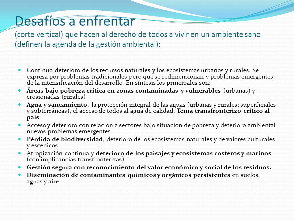 Desafíos a enfrentar (corte vertical) que hacen al derecho de todos a vivir en un ambiente sano (definen la agenda de la gestión ambiental):