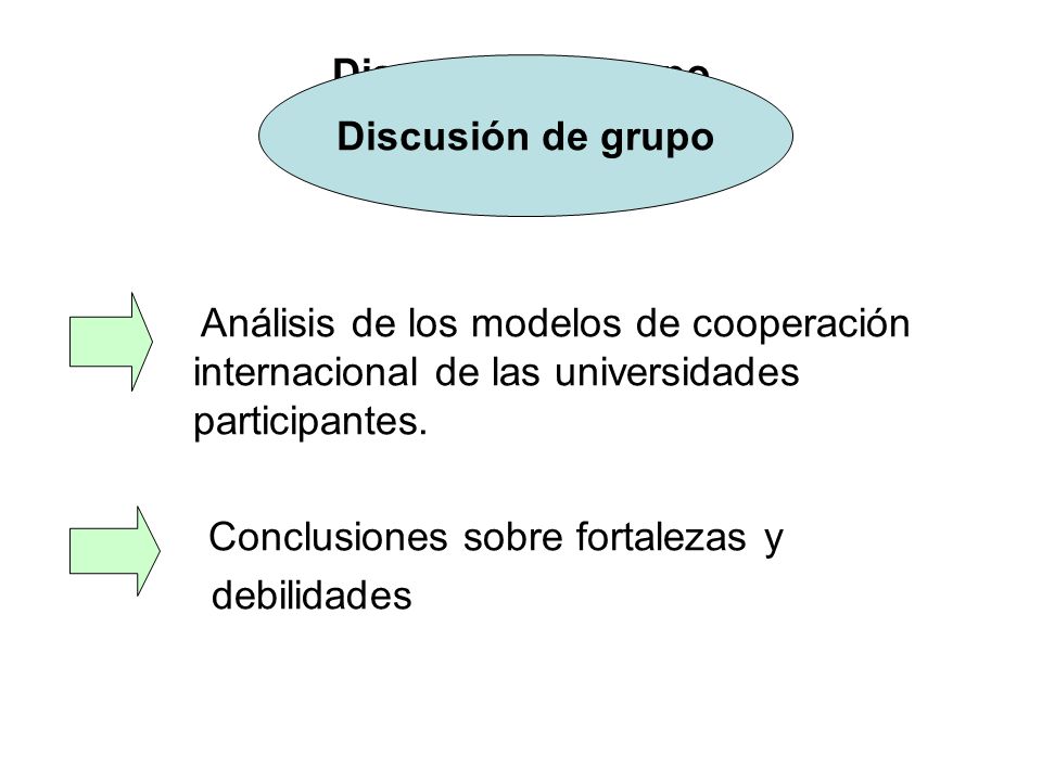 Discusión de grupo Discusión de grupo. Análisis de los modelos de cooperación internacional de las universidades participantes.