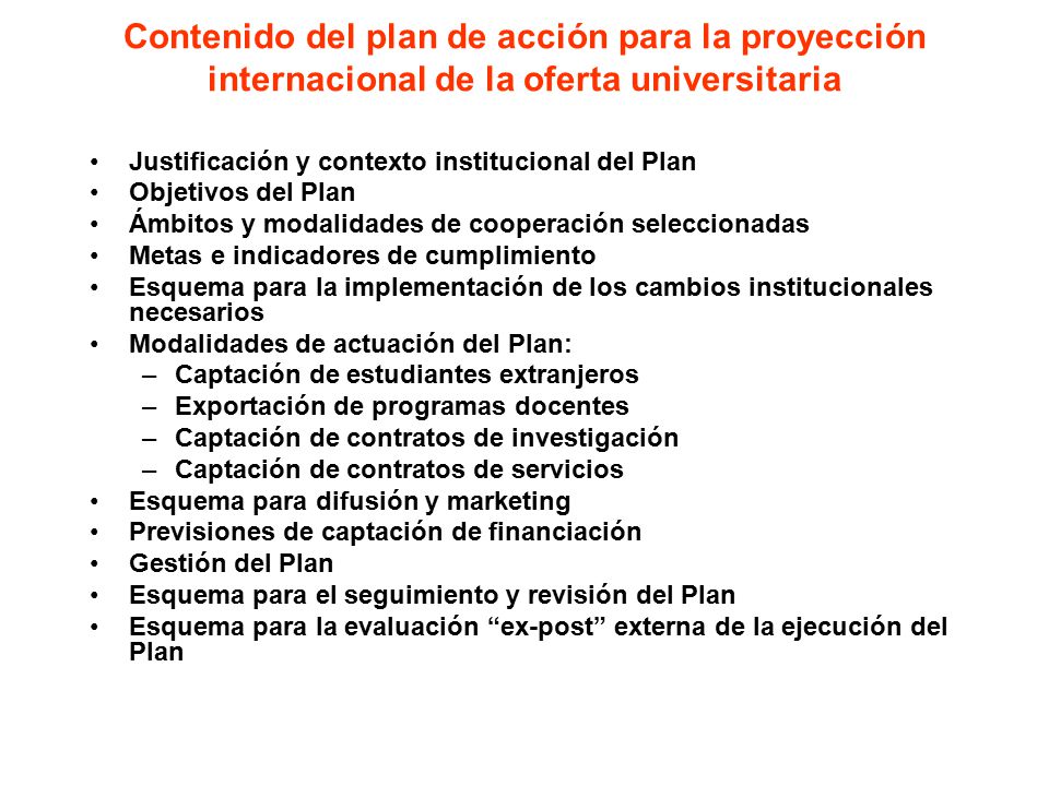 Contenido del plan de acción para la proyección internacional de la oferta universitaria