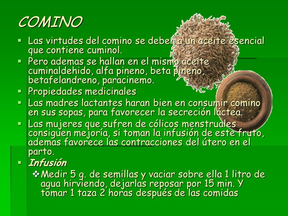 COMINO Las virtudes del comino se deben a un aceite esencial que contiene cuminol.