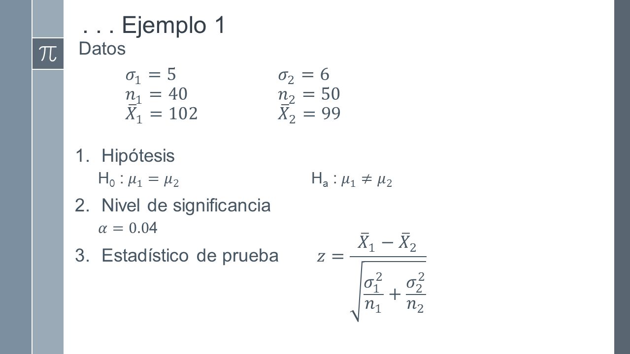 . . . Ejemplo 1 Datos 𝜎 1 =5 𝑛 1 =40 𝑋 1 =102 𝜎 2 =6 𝑛 2 =50 𝑋 2 =99