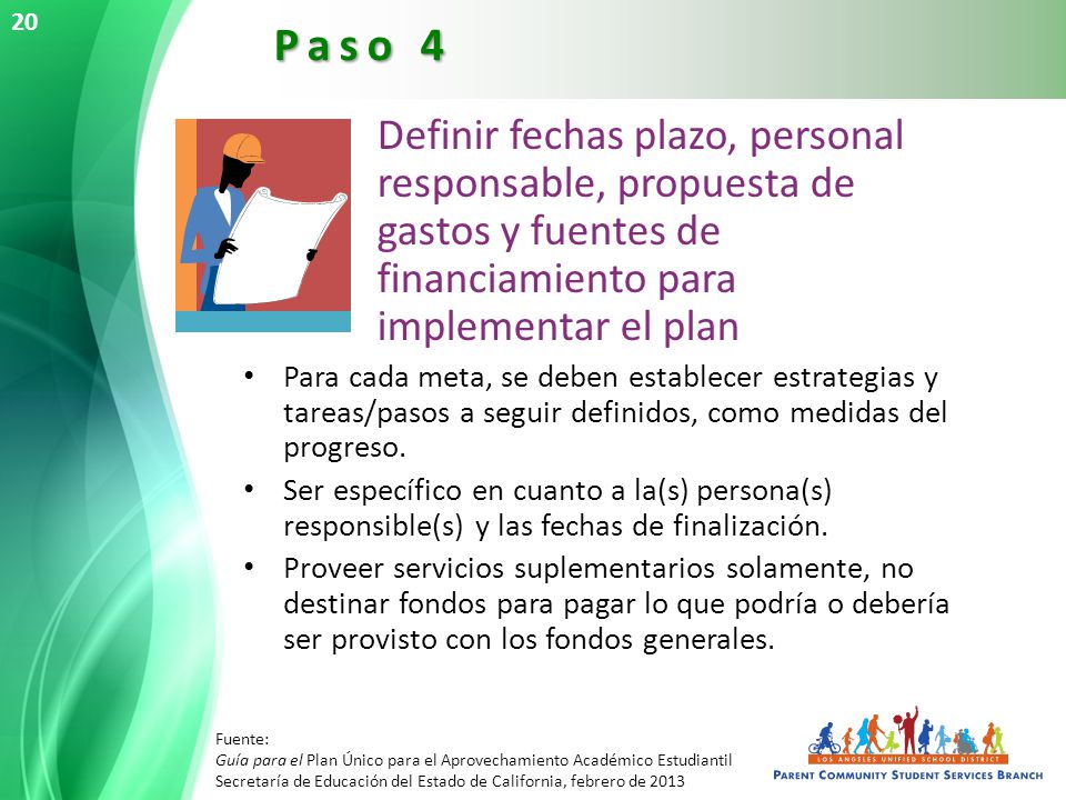 20 Paso 4. Definir fechas plazo, personal responsable, propuesta de gastos y fuentes de financiamiento para implementar el plan.