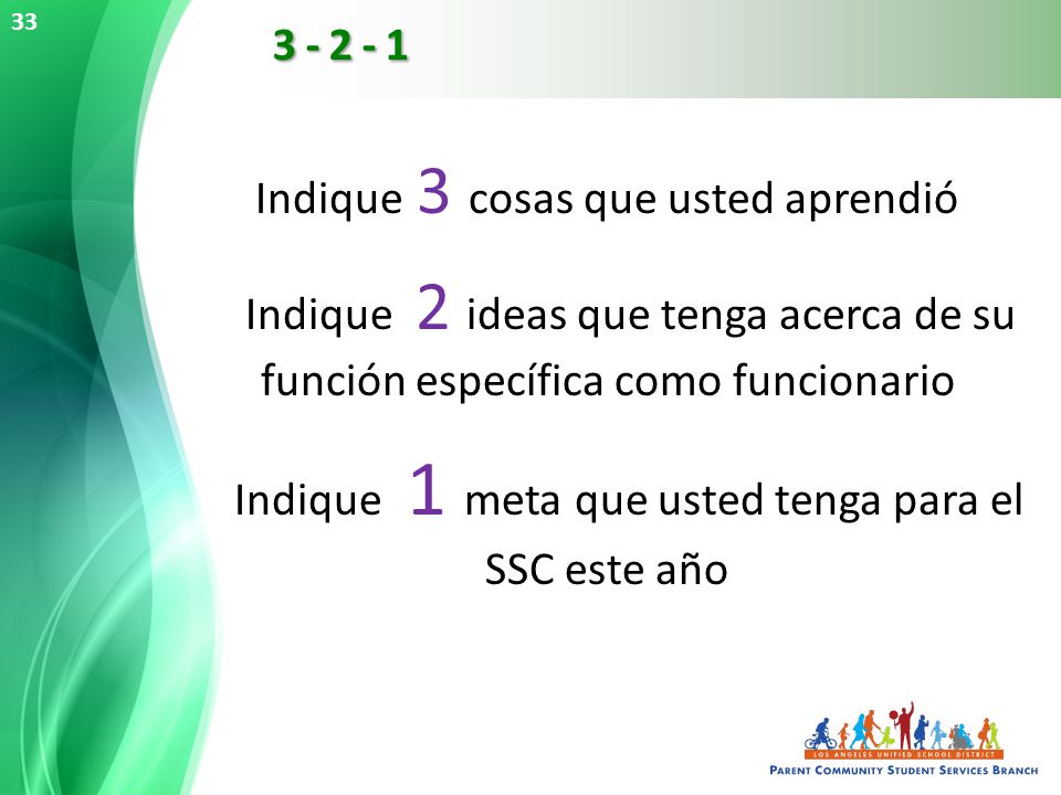 Indique 3 cosas que usted aprendió. Indique 2 ideas que tenga acerca de su función específica como funcionario.