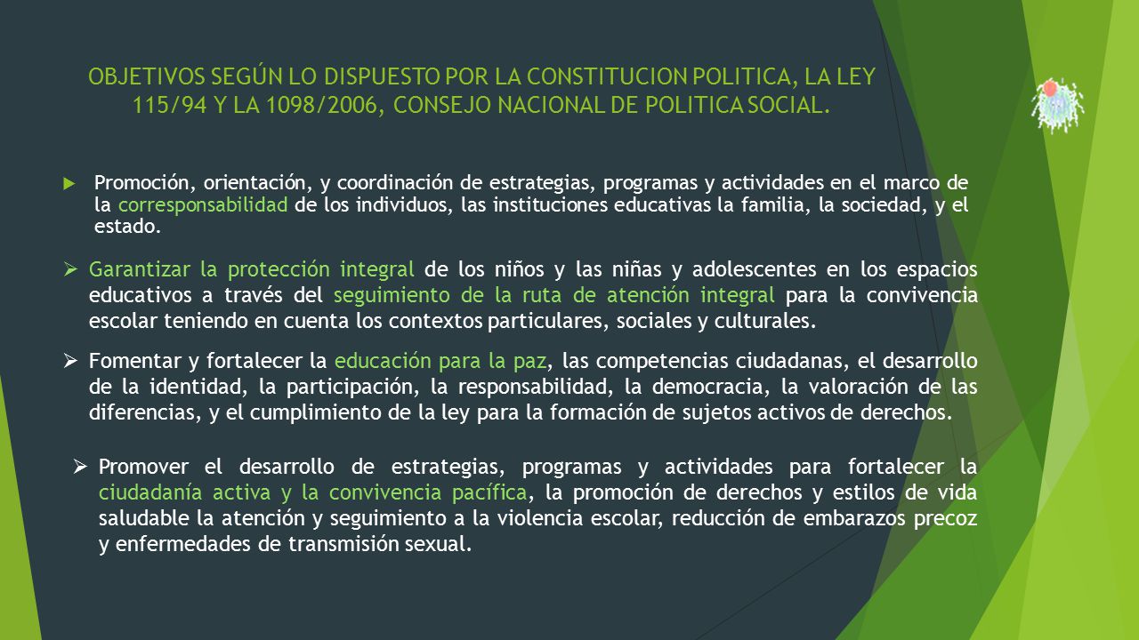 OBJETIVOS SEGÚN LO DISPUESTO POR LA CONSTITUCION POLITICA, LA LEY 115/94 Y LA 1098/2006, CONSEJO NACIONAL DE POLITICA SOCIAL.