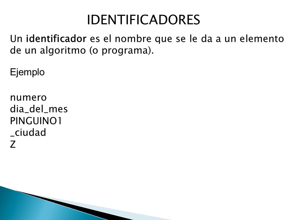 IDENTIFICADORES Un identificador es el nombre que se le da a un elemento de un algoritmo (o programa).