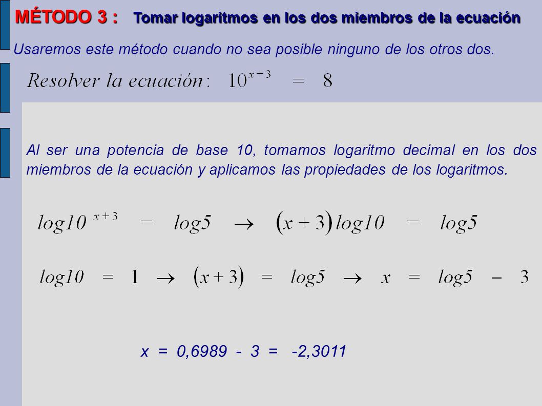 MÉTODO 3 : Tomar logaritmos en los dos miembros de la ecuación