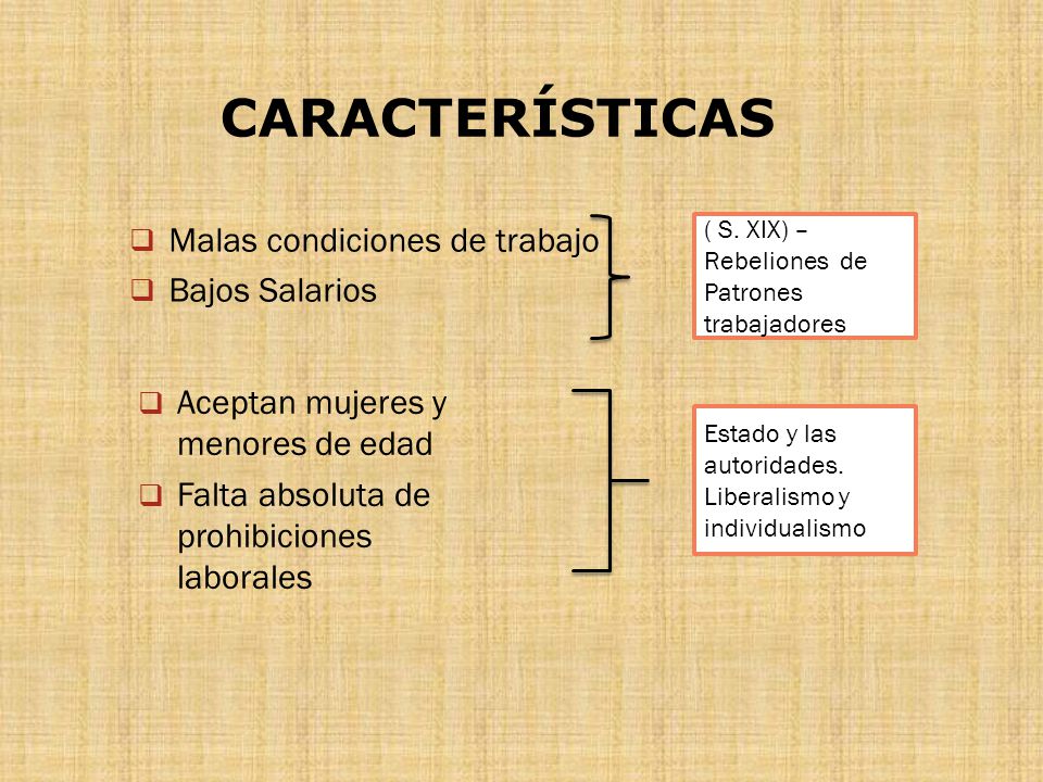 CARACTERÍSTICAS Malas condiciones de trabajo Bajos Salarios