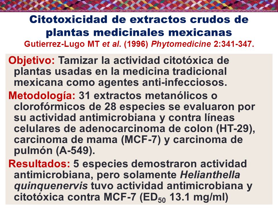 Citotoxicidad de extractos crudos de plantas medicinales mexicanas Gutierrez-Lugo MT et al. (1996) Phytomedicine 2:
