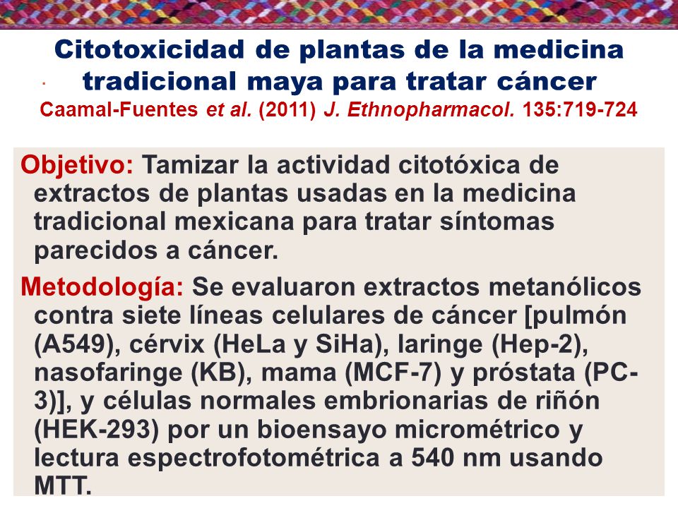 Citotoxicidad de plantas de la medicina tradicional maya para tratar cáncer Caamal-Fuentes et al. (2011) J. Ethnopharmacol. 135: