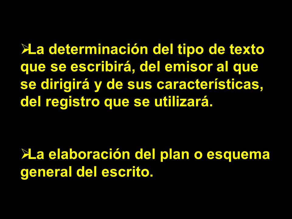 La determinación del tipo de texto que se escribirá, del emisor al que se dirigirá y de sus características, del registro que se utilizará.