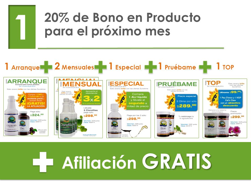 1 Afiliación GRATIS 20% de Bono en Producto para el próximo mes