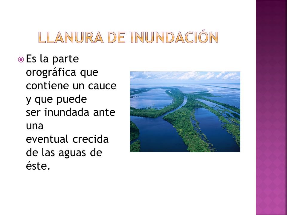 Llanura de inundación Es la parte orográfica que contiene un cauce y que puede ser inundada ante una eventual crecida de las aguas de éste.