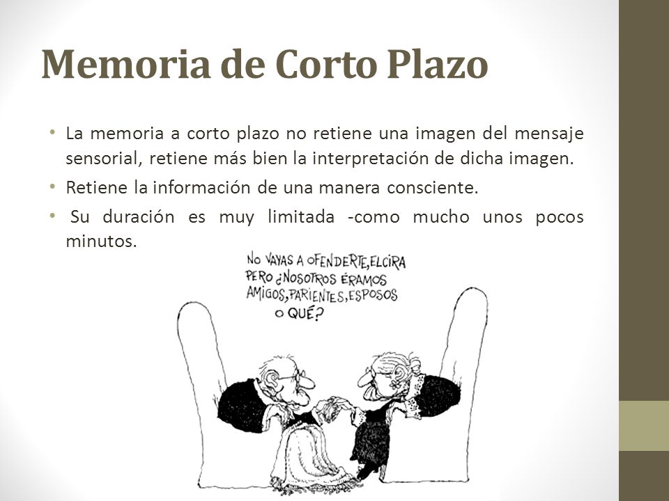 Memoria de Corto Plazo La memoria a corto plazo no retiene una imagen del mensaje sensorial, retiene más bien la interpretación de dicha imagen.