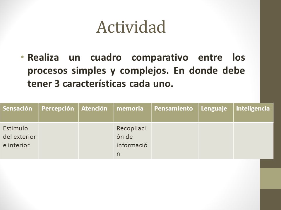Actividad Realiza un cuadro comparativo entre los procesos simples y complejos. En donde debe tener 3 características cada uno.
