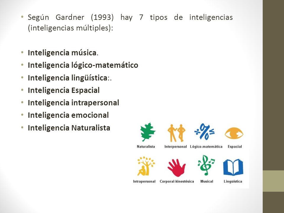 Según Gardner (1993) hay 7 tipos de inteligencias (inteligencias múltiples):