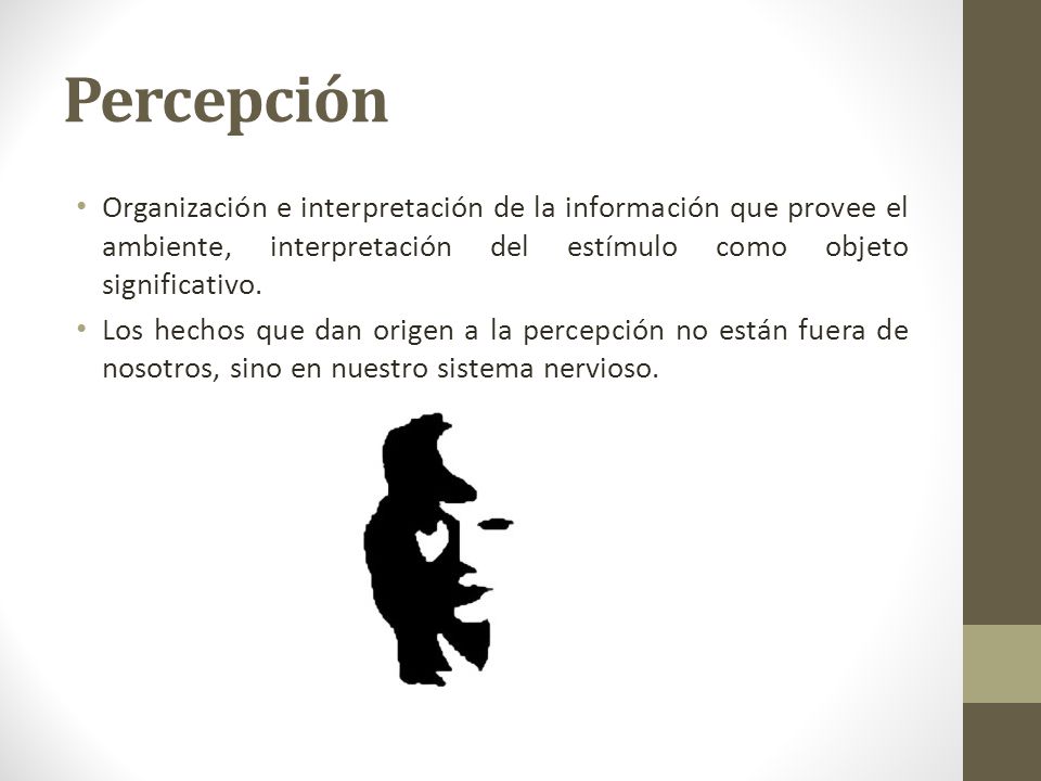 Percepción Organización e interpretación de la información que provee el ambiente, interpretación del estímulo como objeto significativo.