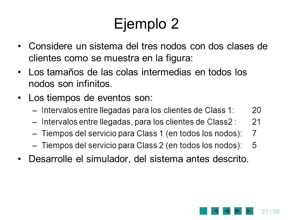 Ejemplo 2 Considere un sistema del tres nodos con dos clases de clientes como se muestra en la figura: