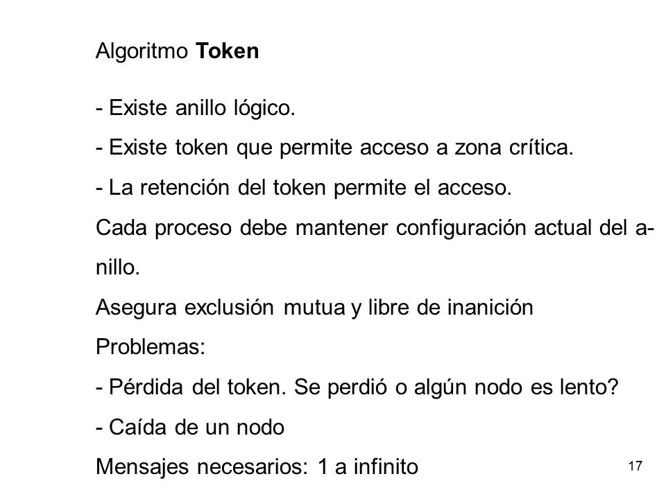 Algoritmo Token - Existe anillo lógico. - Existe token que permite acceso a zona crítica. - La retención del token permite el acceso.