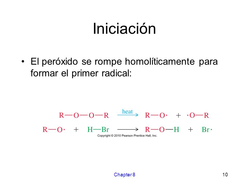 Iniciación El peróxido se rompe homolíticamente para formar el primer radical: Chapter 8