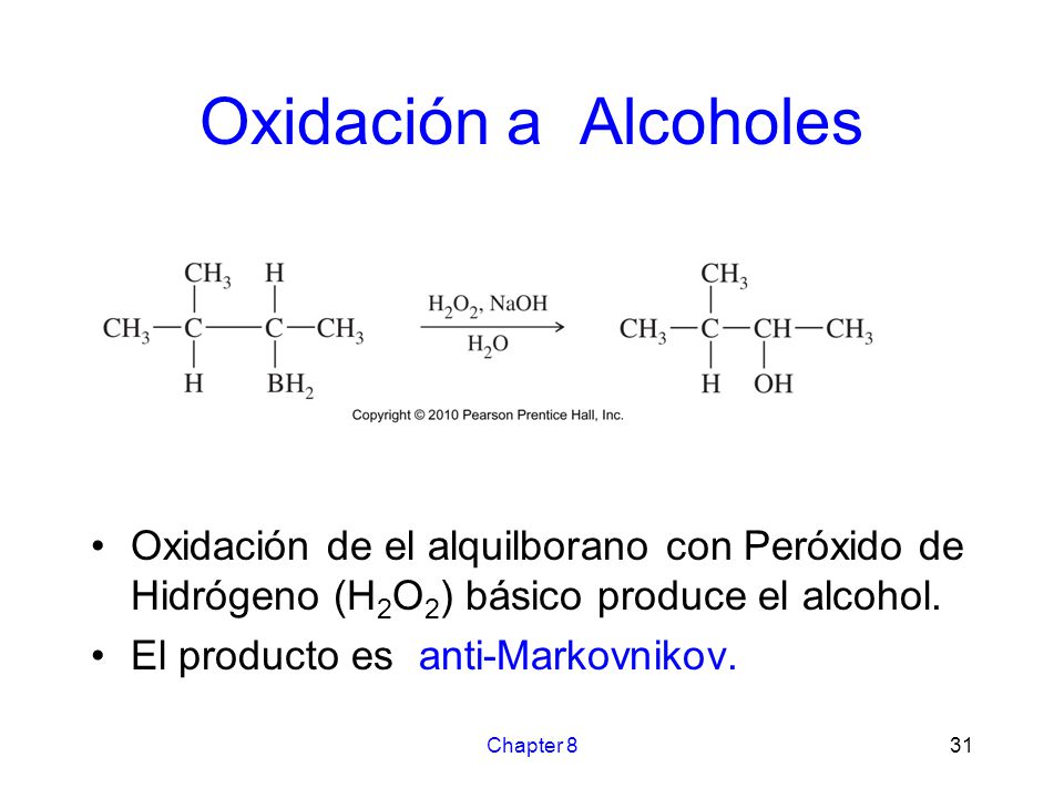 Oxidación a Alcoholes Oxidación de el alquilborano con Peróxido de Hidrógeno (H2O2) básico produce el alcohol.