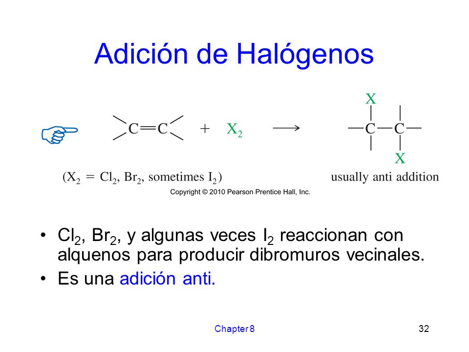Adición de Halógenos Cl2, Br2, y algunas veces I2 reaccionan con alquenos para producir dibromuros vecinales.