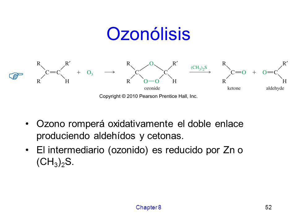 Ozonólisis Ozono romperá oxidativamente el doble enlace produciendo aldehídos y cetonas. El intermediario (ozonido) es reducido por Zn o (CH3)2S.