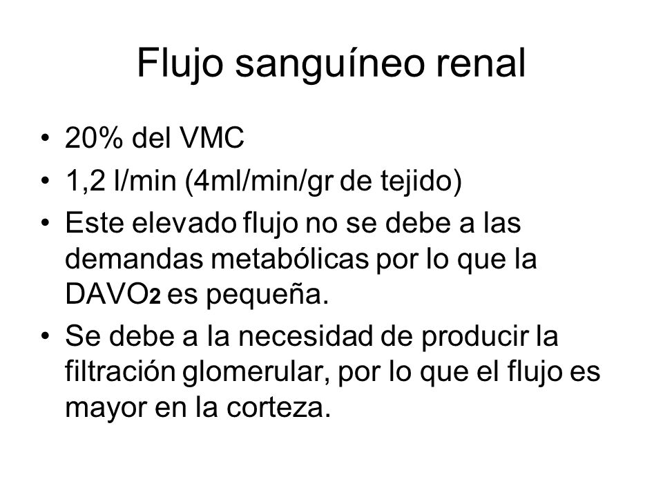 Flujo sanguíneo renal 20% del VMC 1,2 l/min (4ml/min/gr de tejido)
