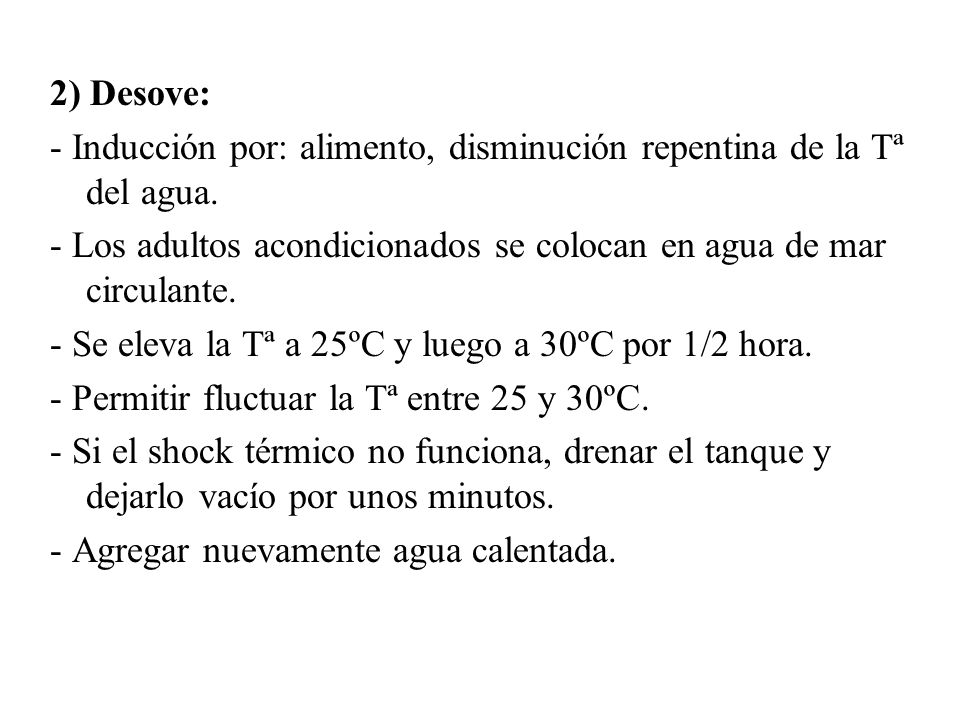 2) Desove: - Inducción por: alimento, disminución repentina de la Tª del agua. - Los adultos acondicionados se colocan en agua de mar circulante.