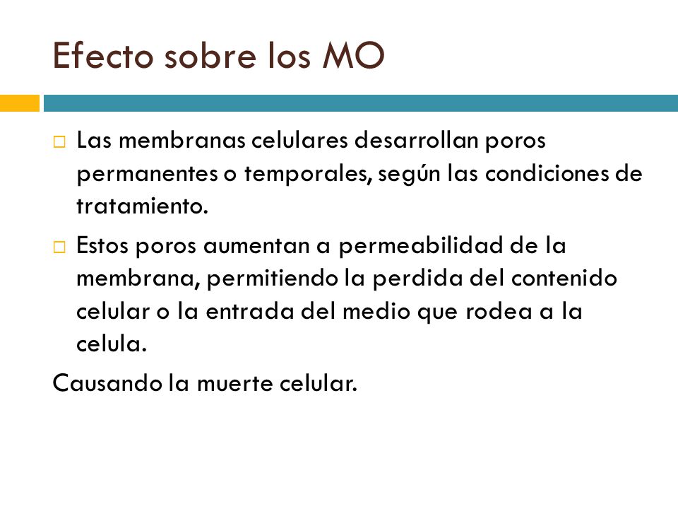 Efecto sobre los MO Las membranas celulares desarrollan poros permanentes o temporales, según las condiciones de tratamiento.