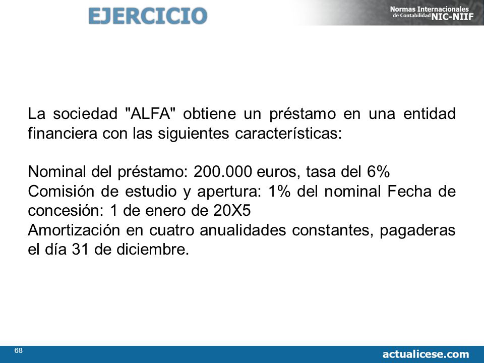 EJERCICIO La sociedad ALFA obtiene un préstamo en una entidad financiera con las siguientes características: