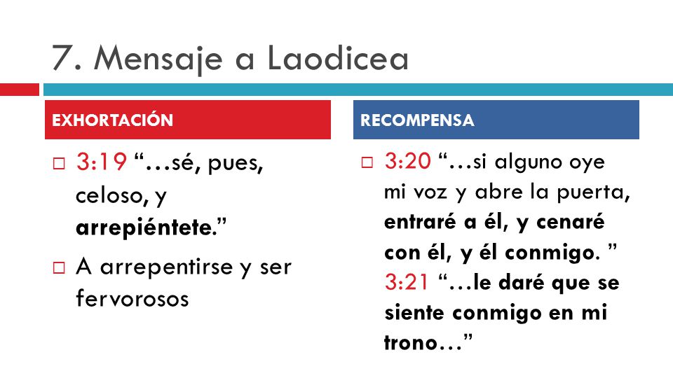 7. Mensaje a Laodicea 3:19 …sé, pues, celoso, y arrepiéntete.
