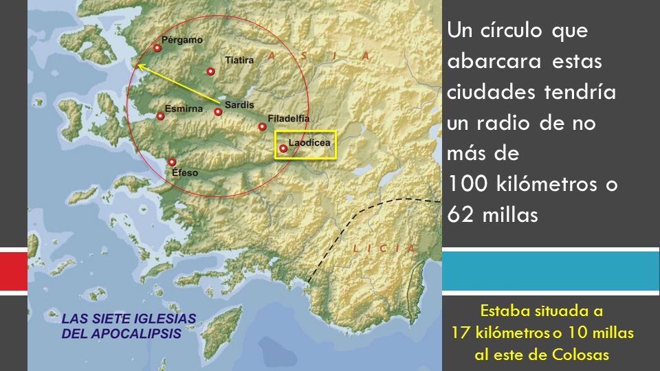 Estaba situada a 17 kilómetros o 10 millas al este de Colosas