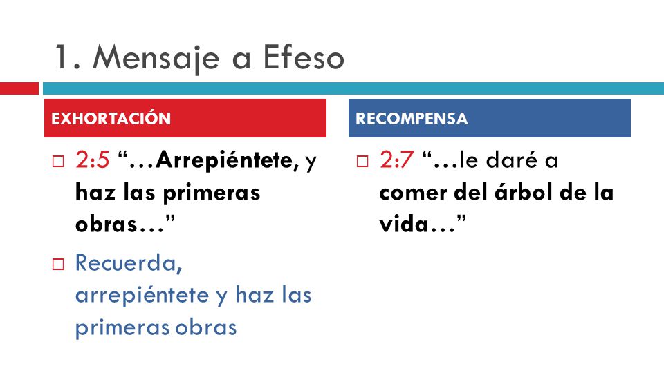 1. Mensaje a Efeso 2:5 …Arrepiéntete, y haz las primeras obras…