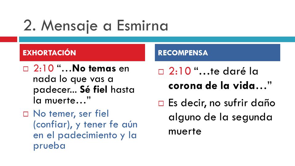 2. Mensaje a Esmirna 2:10 …te daré la corona de la vida…