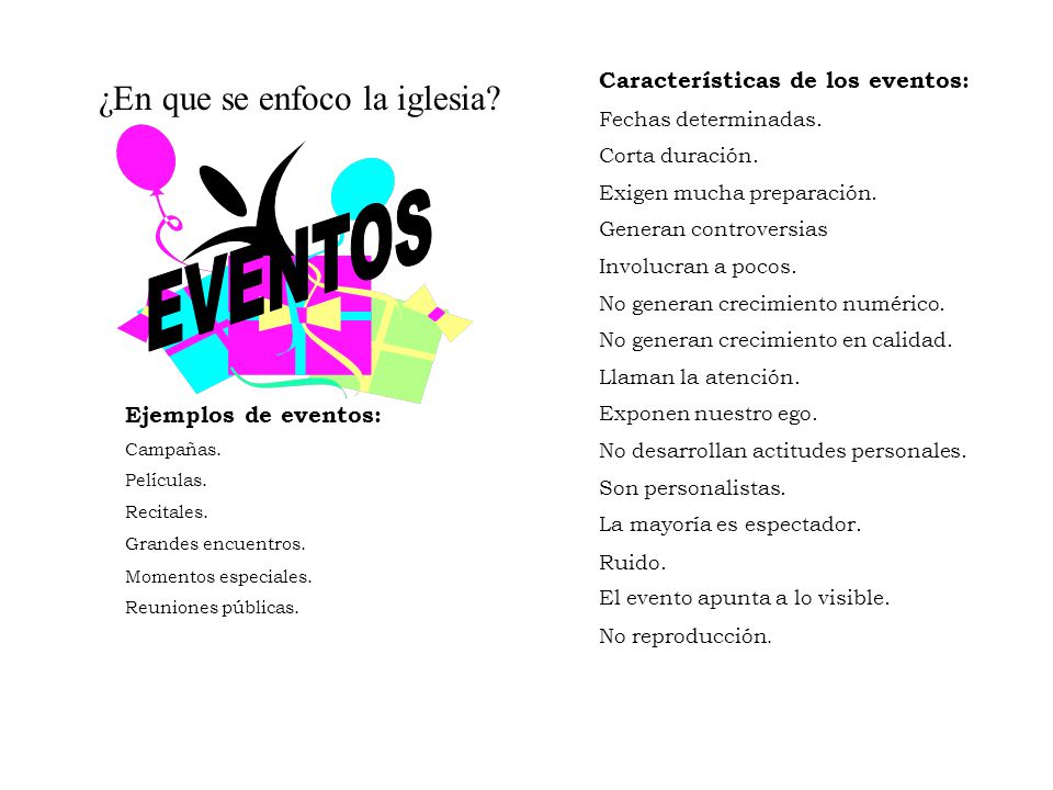 EVENTOS ¿En que se enfoco la iglesia Características de los eventos: