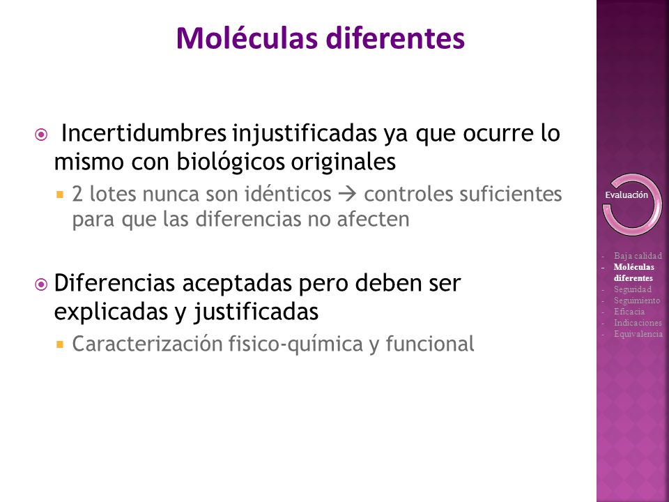 Moléculas diferentes Incertidumbres injustificadas ya que ocurre lo mismo con biológicos originales.