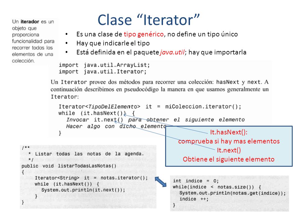 Clase Iterator Es una clase de tipo genérico, no define un tipo único. Hay que indicarle el tipo.