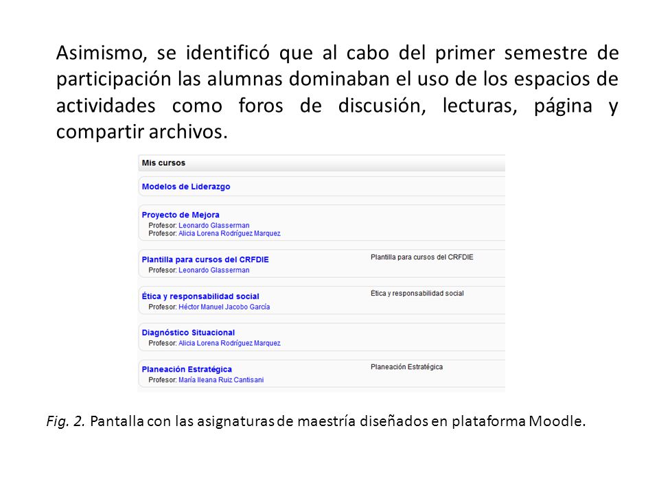 Asimismo, se identificó que al cabo del primer semestre de participación las alumnas dominaban el uso de los espacios de actividades como foros de discusión, lecturas, página y compartir archivos.