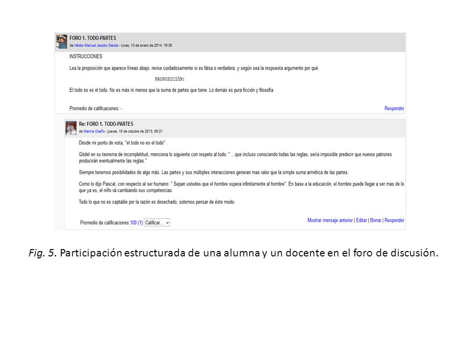 Fig. 5. Participación estructurada de una alumna y un docente en el foro de discusión.
