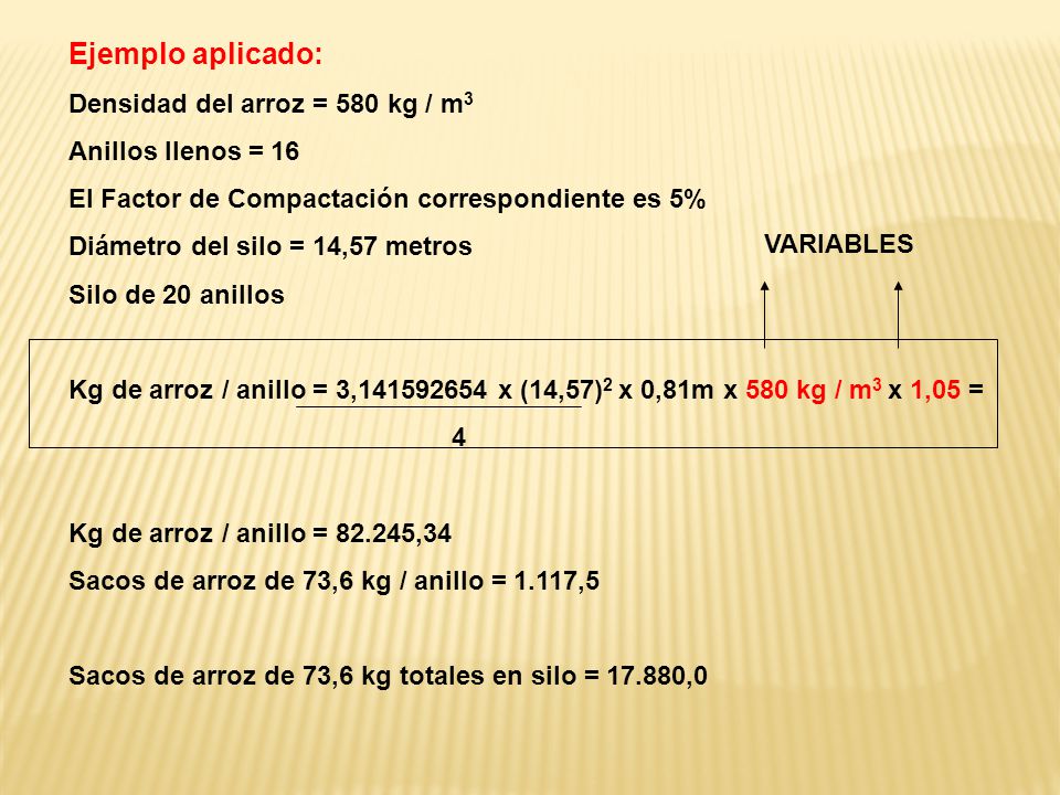 Ejemplo aplicado: Densidad del arroz = 580 kg / m3 Anillos llenos = 16