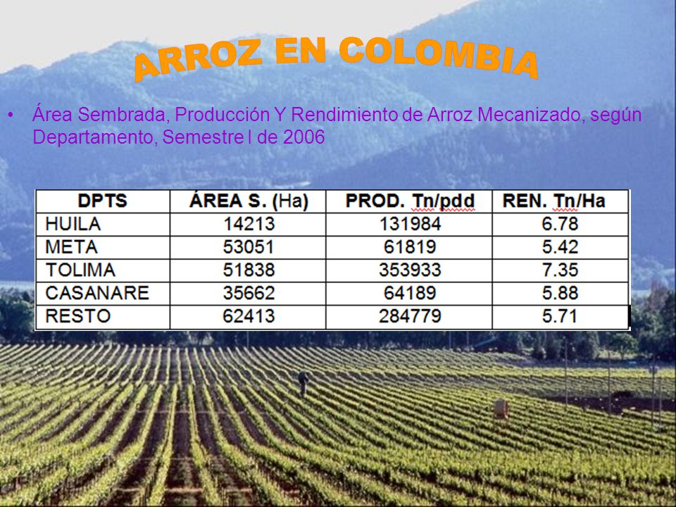ARROZ EN COLOMBIA Área Sembrada, Producción Y Rendimiento de Arroz Mecanizado, según Departamento, Semestre I de