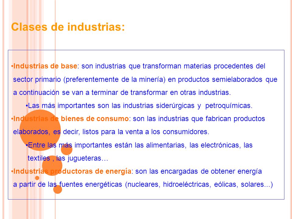 Clases de industrias: Industrias de base: son industrias que transforman materias procedentes del.