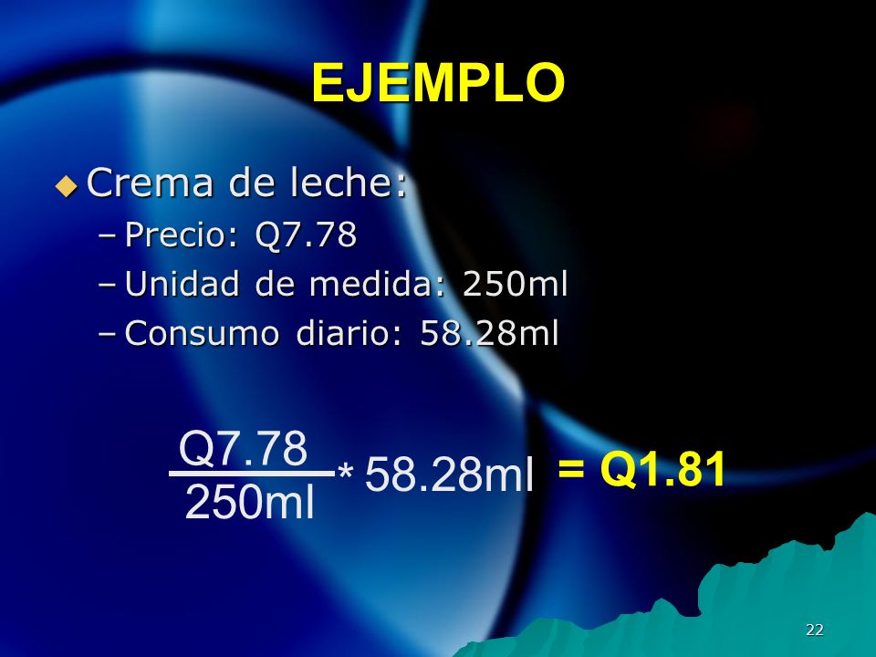 EJEMPLO Q7.78 = Q ml * 250ml Crema de leche: Precio: Q7.78