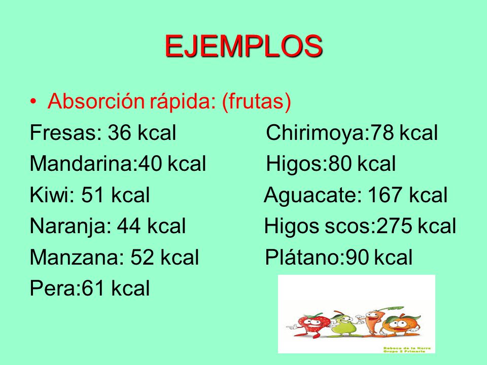 EJEMPLOS Absorción rápida: (frutas) Fresas: 36 kcal Chirimoya:78 kcal