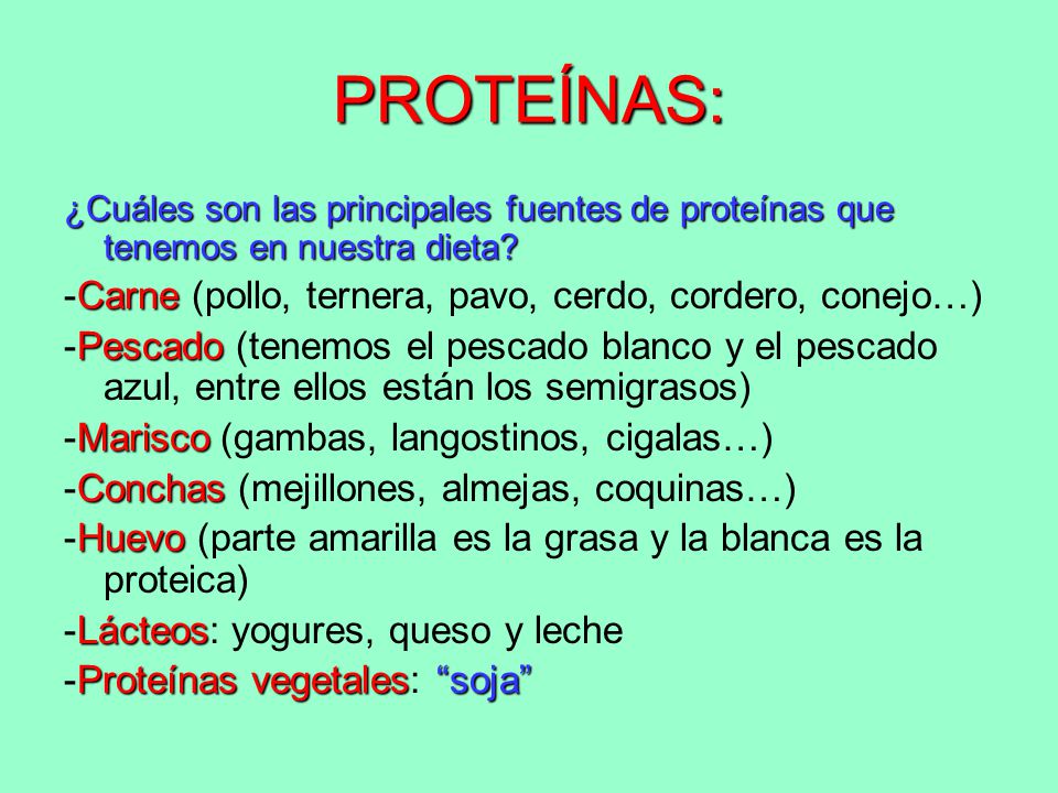 PROTEÍNAS: -Carne (pollo, ternera, pavo, cerdo, cordero, conejo…)