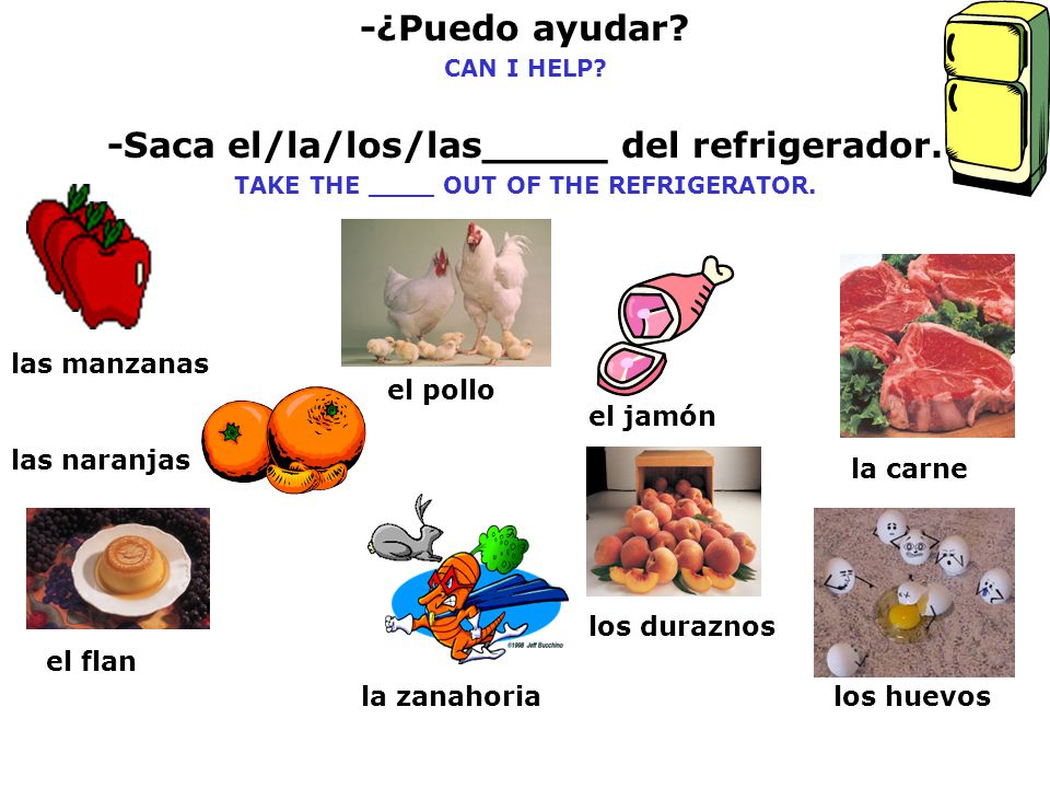 -¿Puedo ayudar -Saca el/la/los/las_____ del refrigerador.