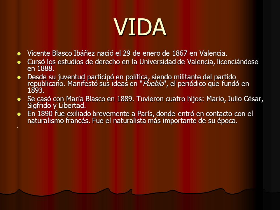 VIDA Vicente Blasco Ibáñez nació el 29 de enero de 1867 en Valencia.