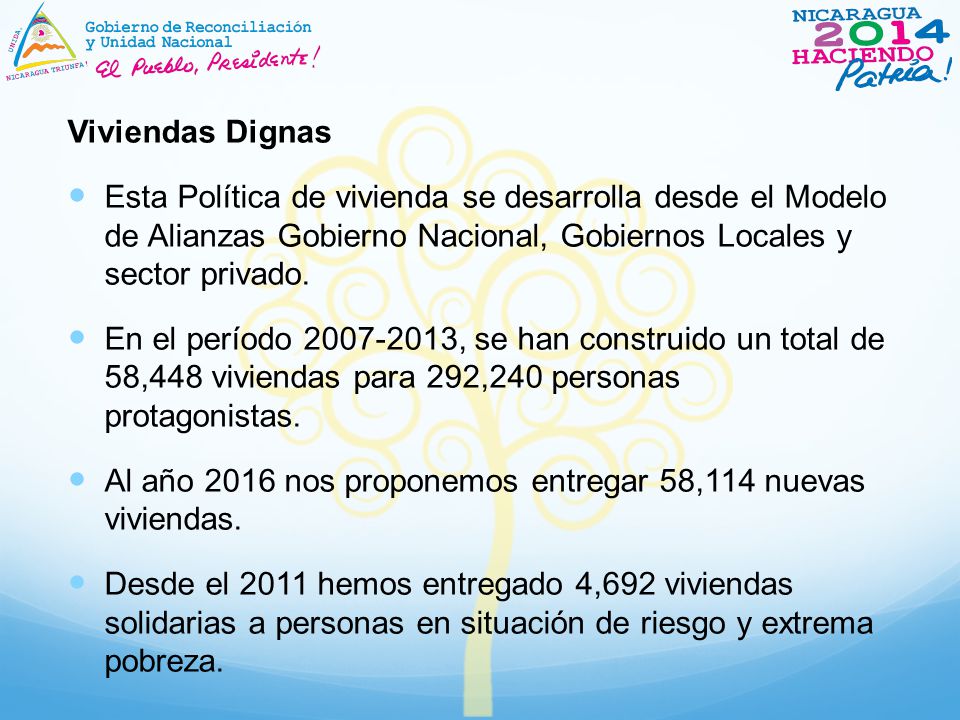 Viviendas Dignas Esta Política de vivienda se desarrolla desde el Modelo de Alianzas Gobierno Nacional, Gobiernos Locales y sector privado.