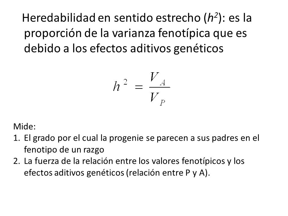 Heredabilidad en sentido estrecho (h2): es la proporción de la varianza fenotípica que es debido a los efectos aditivos genéticos