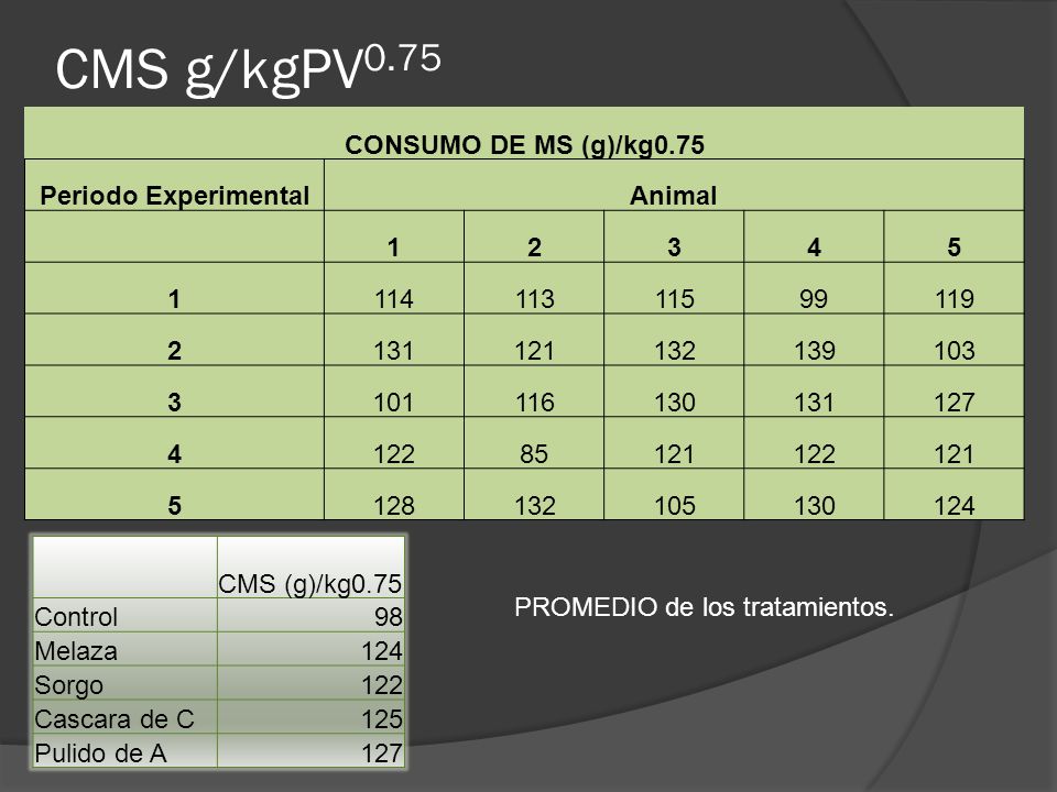 CMS g/kgPV0.75 CONSUMO DE MS (g)/kg0.75 Periodo Experimental Animal 1
